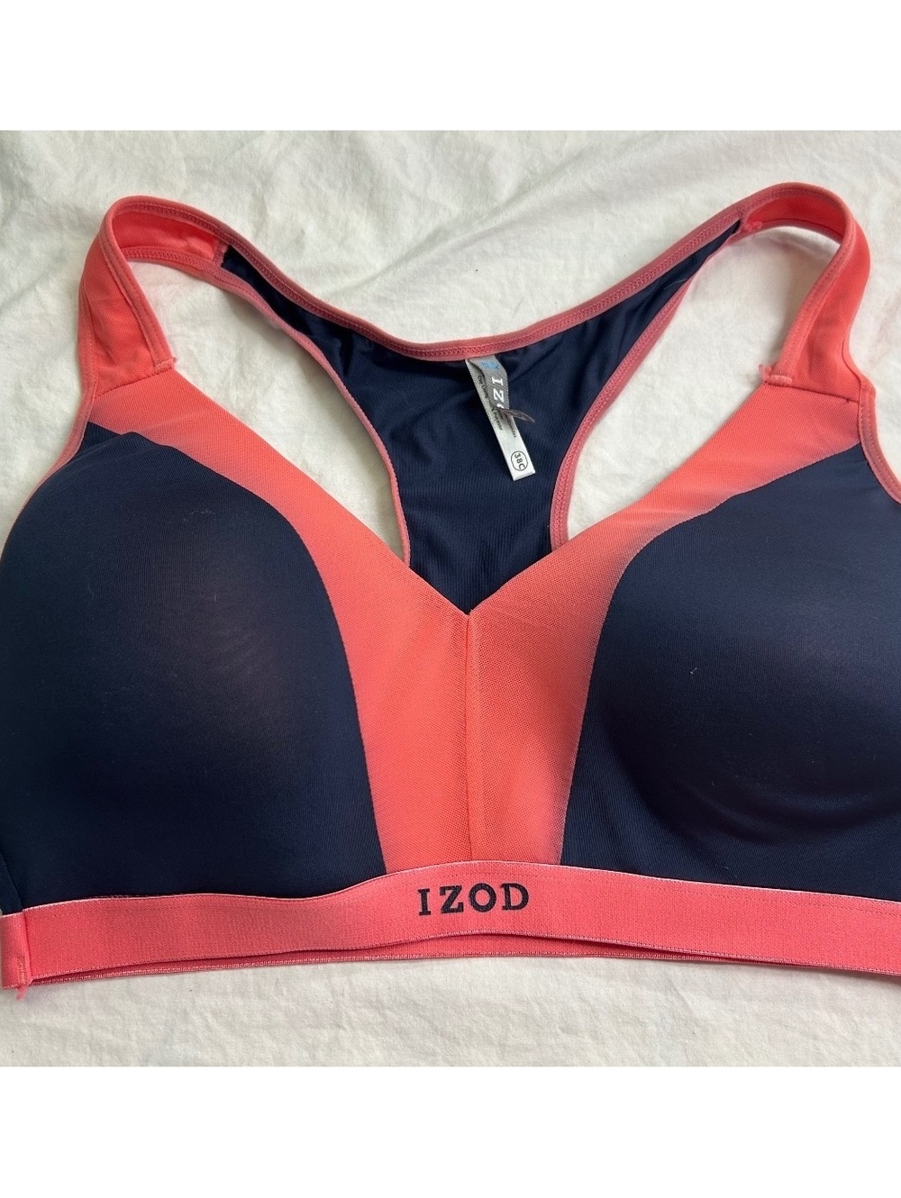 IZOD Sports Bra Size 38C Navy Coral Racerback Medium Impact Padded